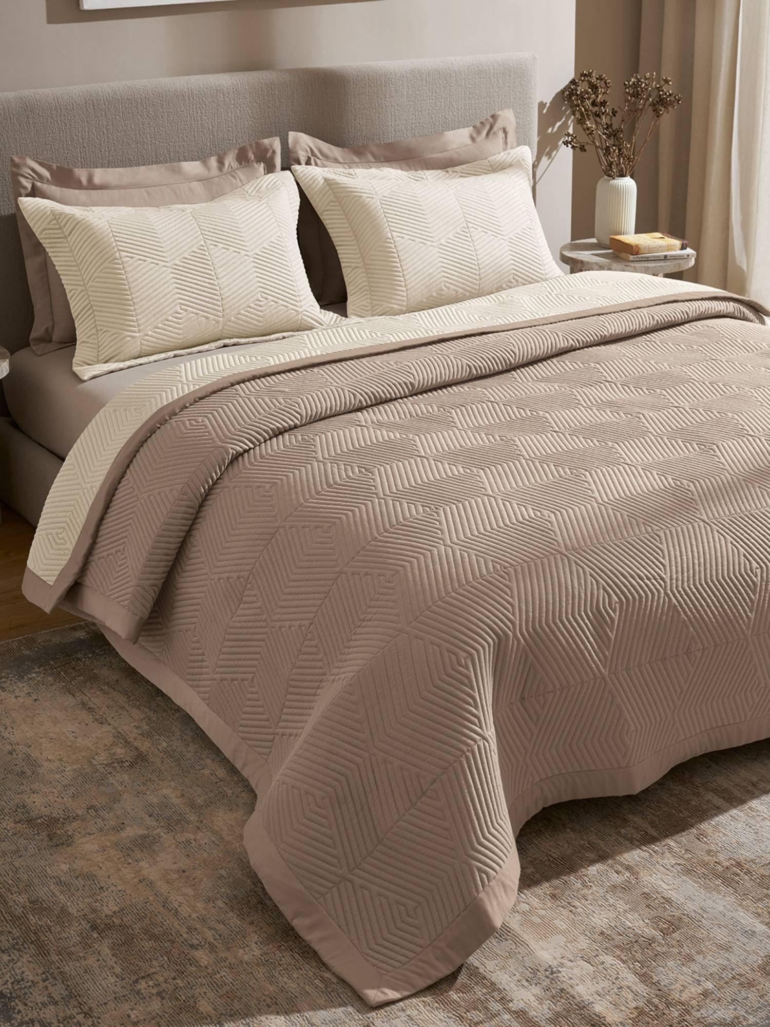 SANSAAR A D'DECOR BRAND LIVE CONSCIOUSLY Beige Double Bedsheet With Pillow Covers (Pack of 3)