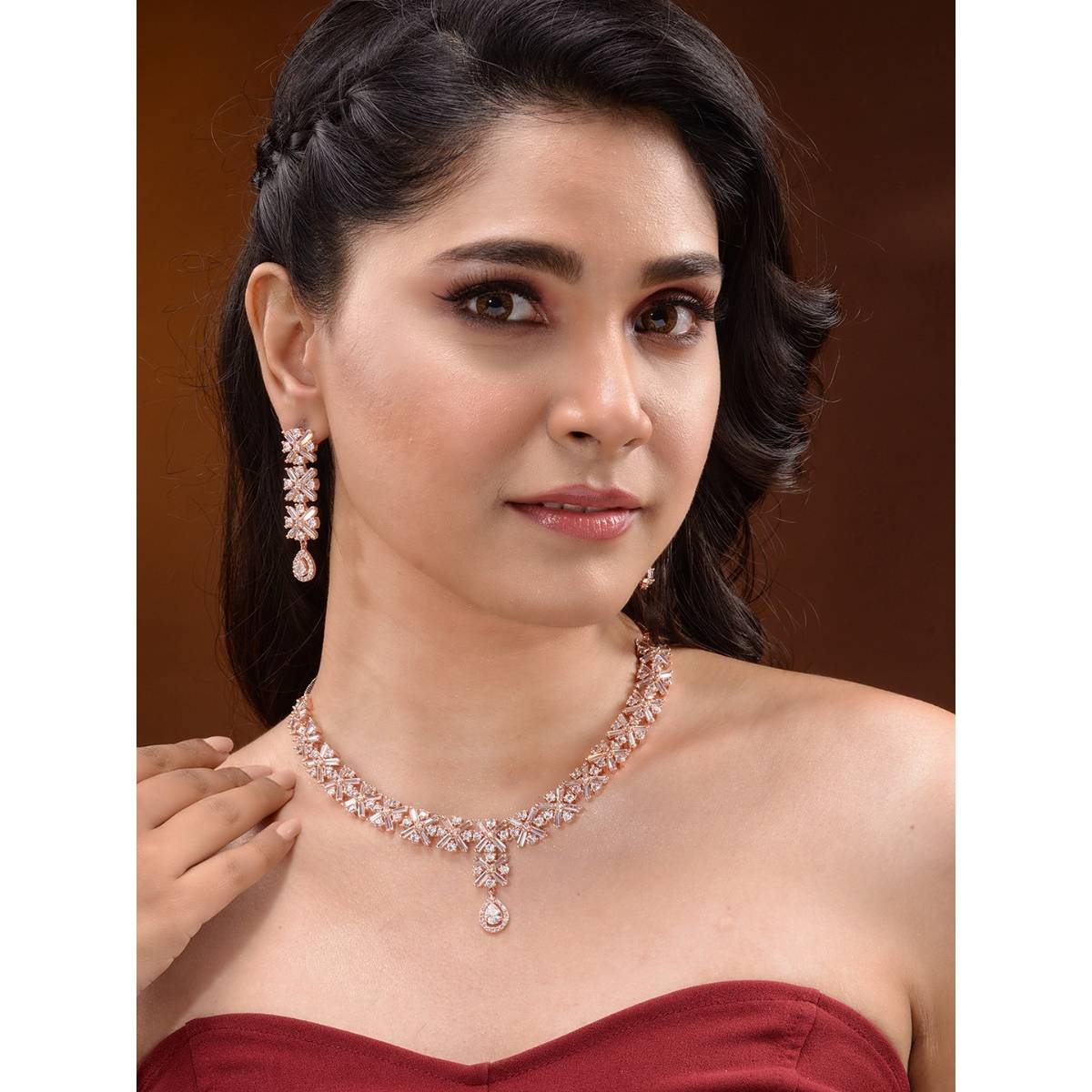 Saraf RS Jewellery Designer Rose Gold Plated Necklace with Drop Earrings (Set of 2)