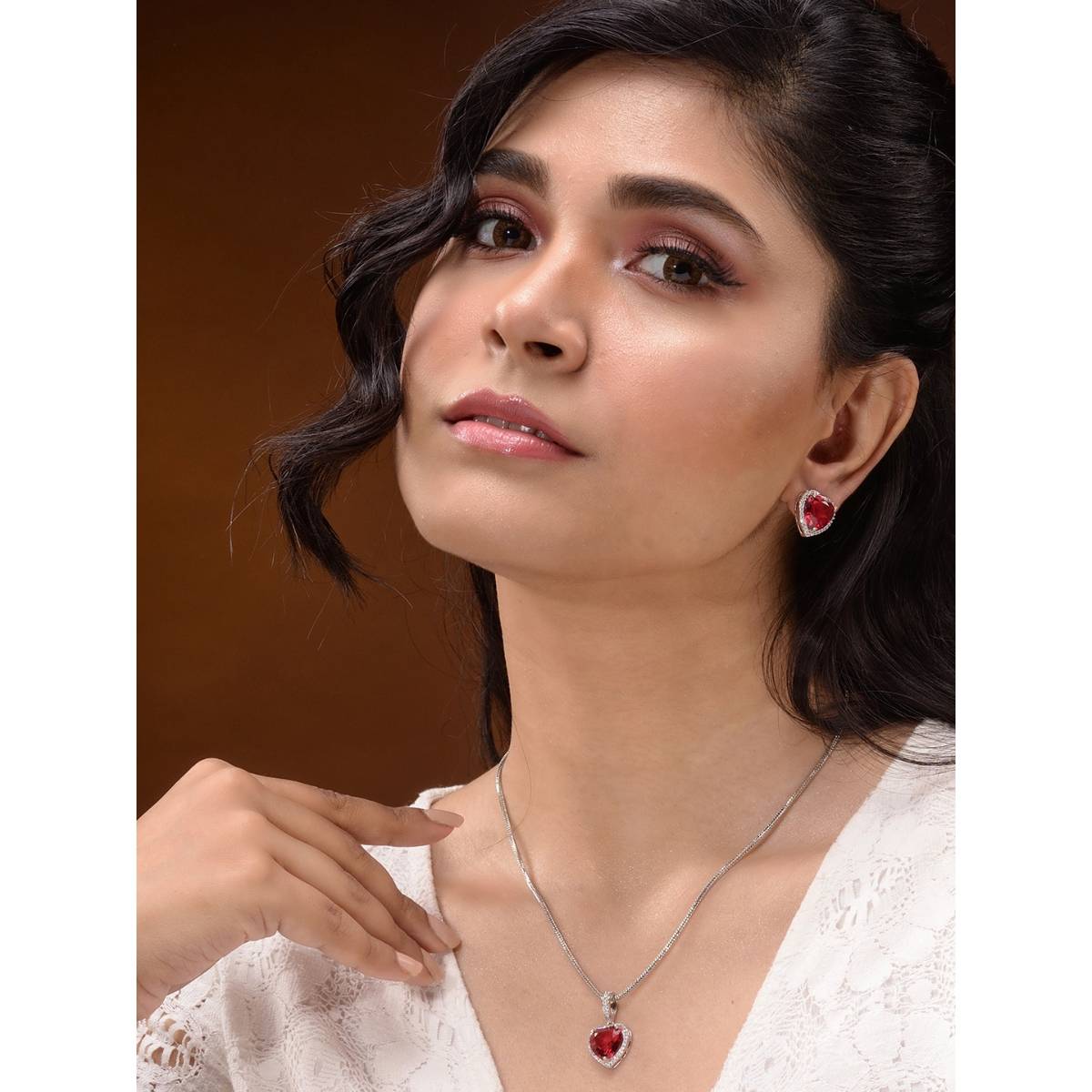 Saraf RS Jewellery Silver Red Ad Studded Heart Shaped Pendant With Earrings Locket Jewellery Set
