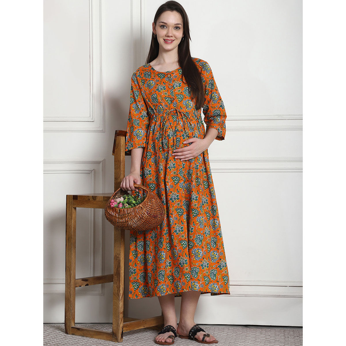 Buy Secret Wish Floral Print Orange Cotton Maternity Nightdress Online