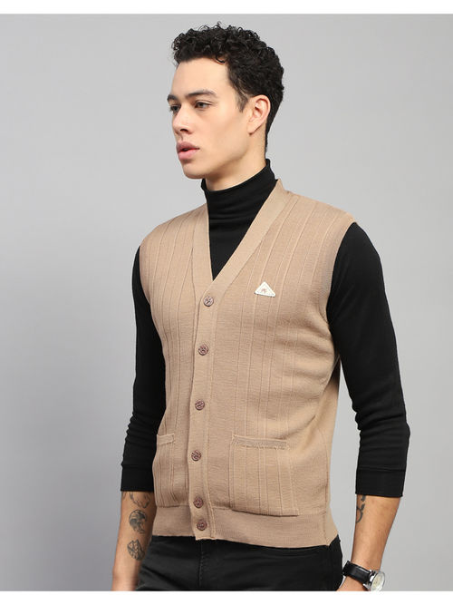 Monte Carlo Self Design Beige V Neck Sleeveless Cardigan Sweater