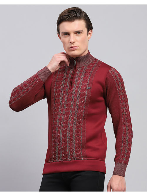 Monte Carlo Maroon Self Design High Neck Full Sleeve Pullover Sweater