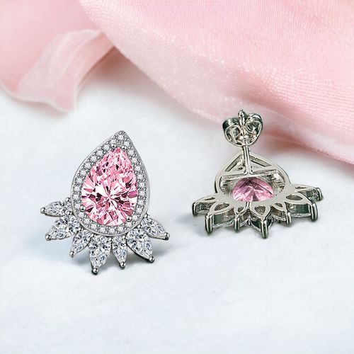 Designs You Crushed Ice Cut Cubic Zirconia Silver Plated Pink Teardrop  Shaped Stud Earrings