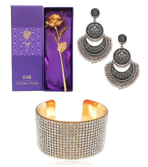 YouBella Jewellery Valentine Gifts Combo of Gold Plated Rose, Crystal  Bracelet and Afghani Earrings