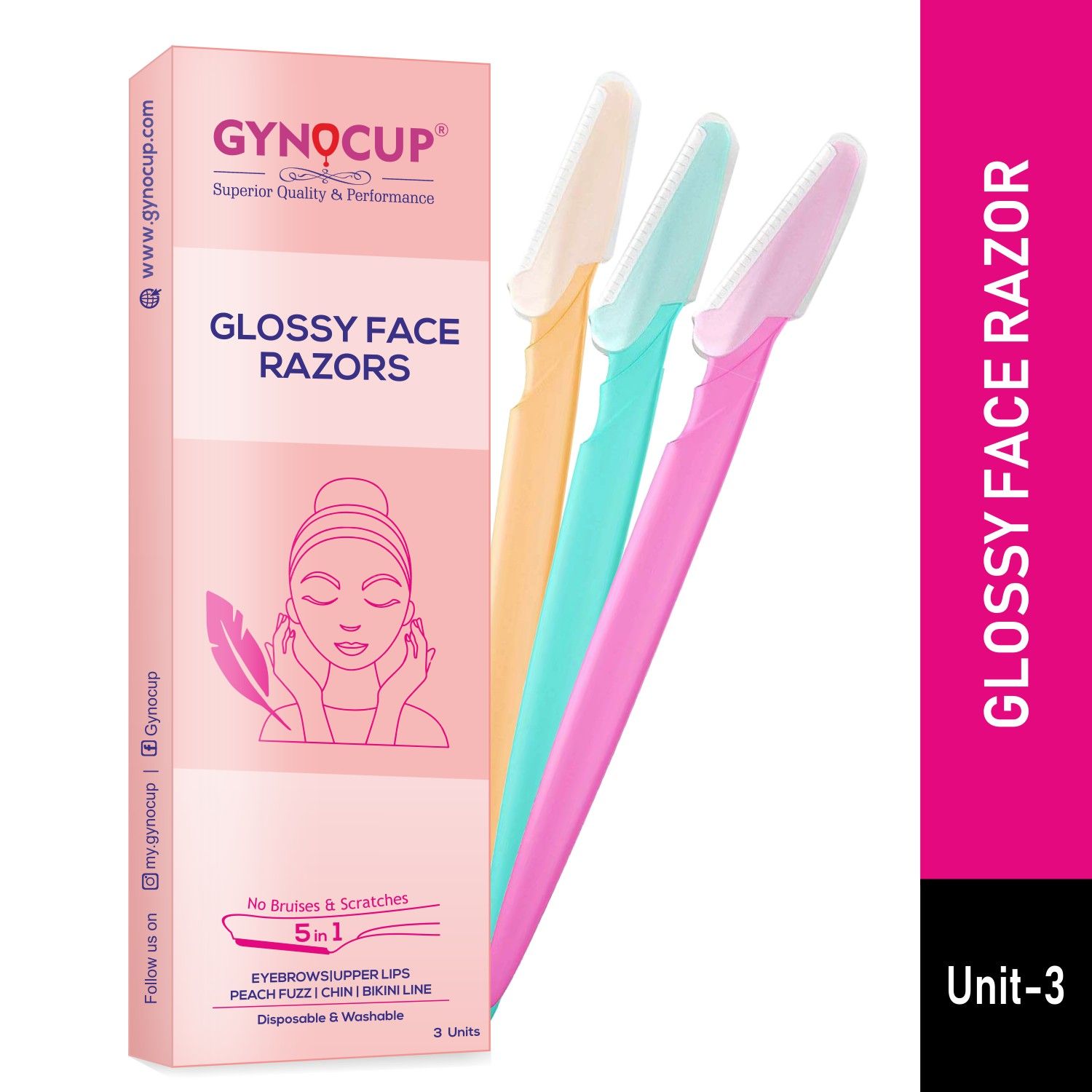 GynoCup Glossy Face Razor For Women Painless Facial Hair Removal Easy To Use (Pack Of 3 Units)