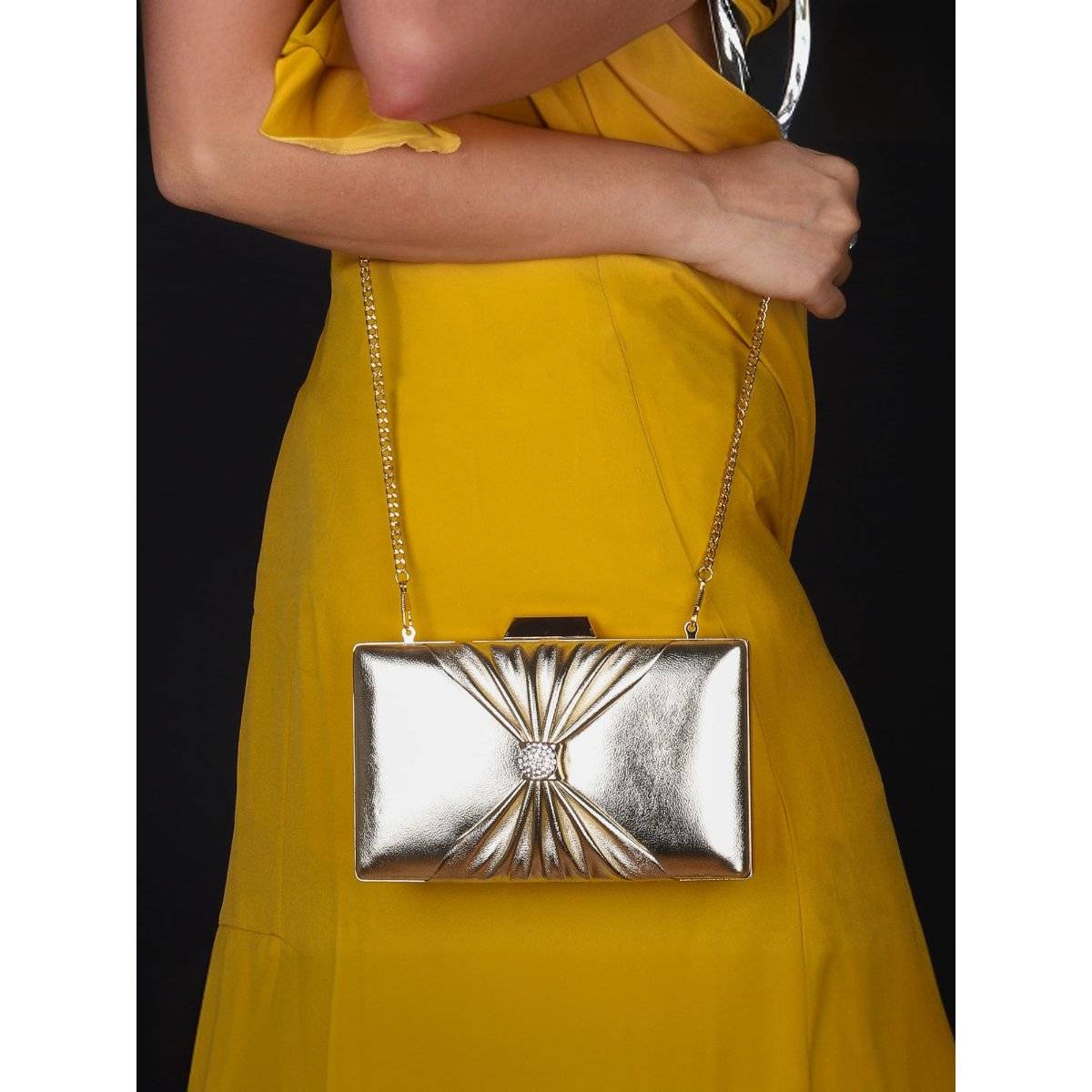The Clownfish Gold Faux Leather Womens Party Clutch with Detachable Strap