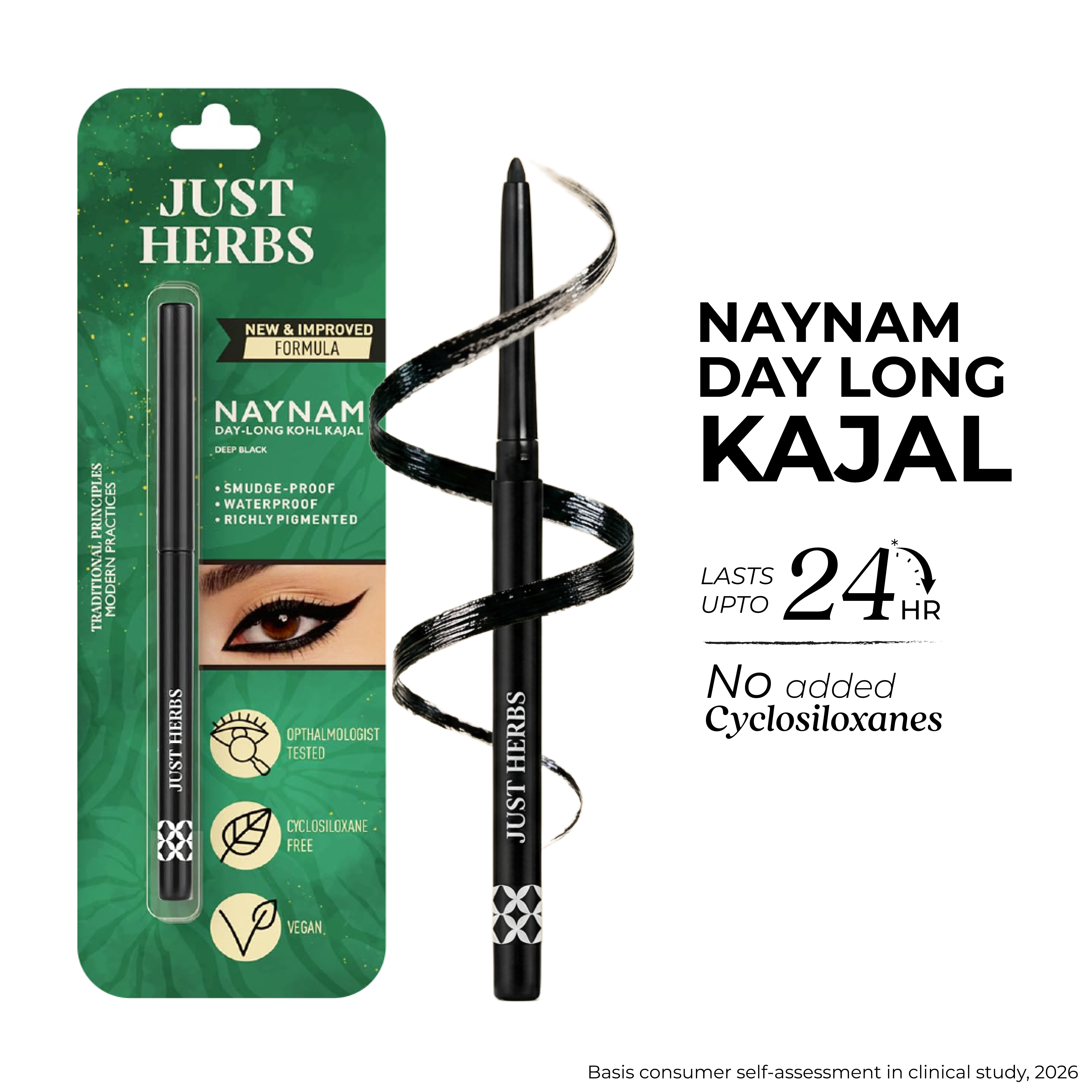 Just Herbs Naynam Day - Long Kohl Kajal - Sweet Almond Oil & Vitamin E - Smudgeproof & Transferproof
