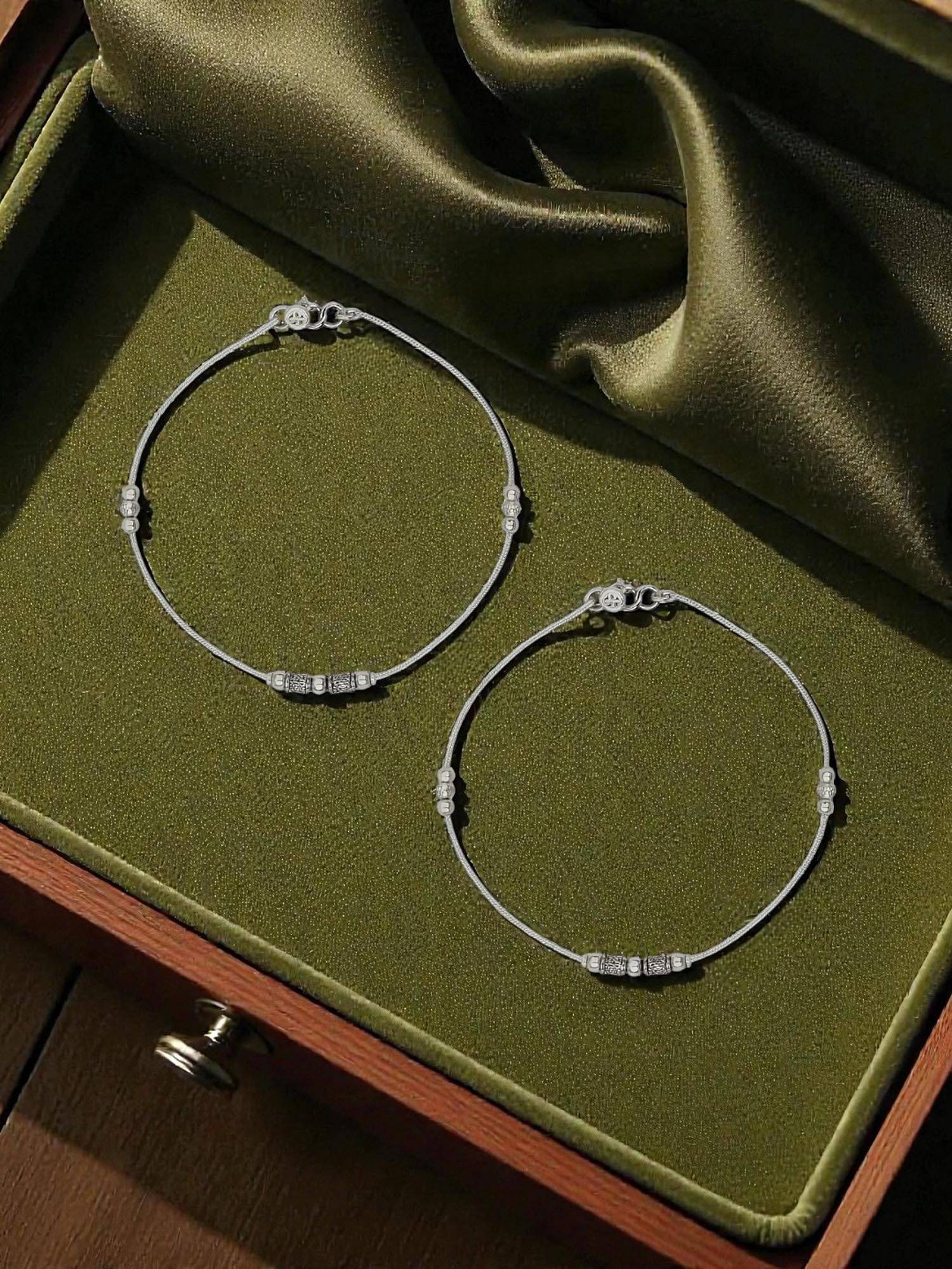 Accessher Oxidised Silver Beaded Charm Ghungroo Anklets (Pack Of 2)