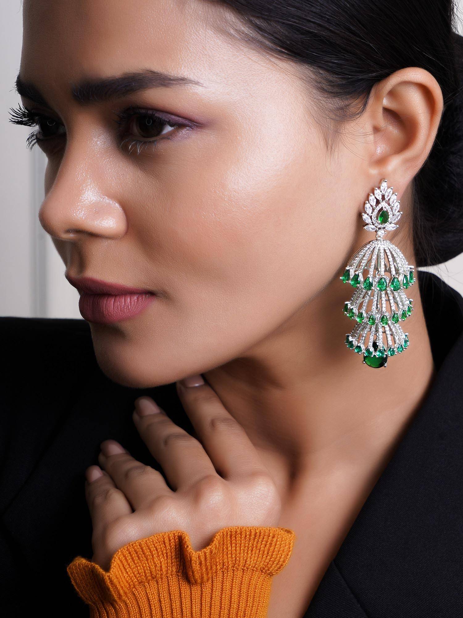 Adwitiya Rhodium Plated Green Emerald & Ad Stone Studded Dome Shape Earrings