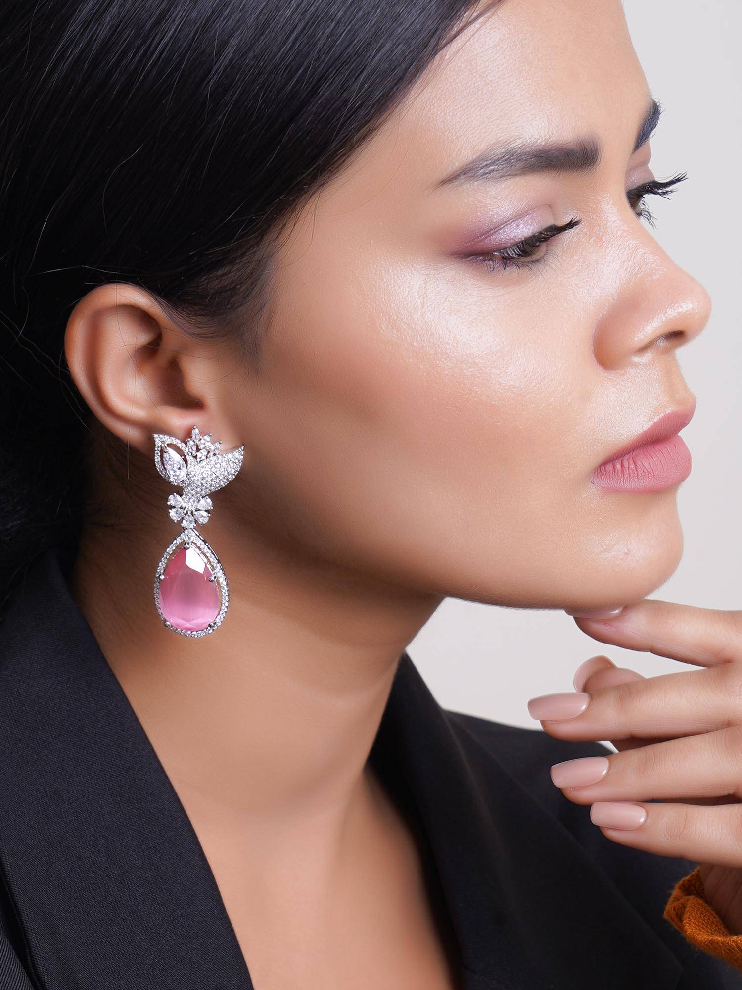 Adwitiya Multi-Color Rhodium Plated Ad Stone Studded Heart Shape Earrings