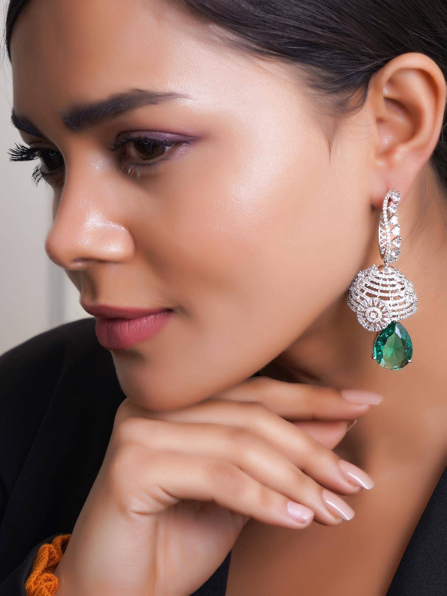 Adwitiya Multi-Color Rhodium Plated Emerald & Ad Stone Studded Dome Shape Earrings