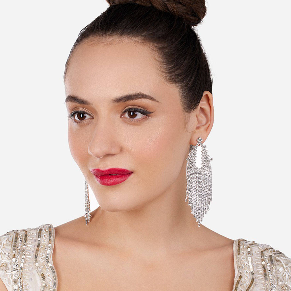 Zaveri Pearls Silver Tone Dazzling Austrian Diamonds Party Tassel Earrings