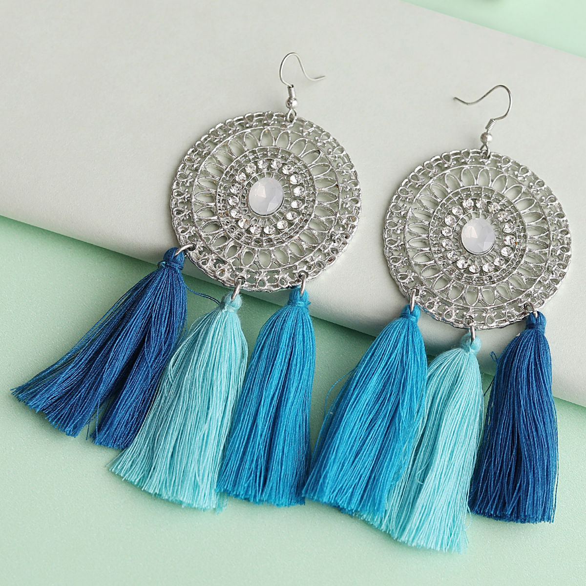 Stylish Teal Blue Tassel Fringe Antique Look Earring  Neshe Fashion Jewelry