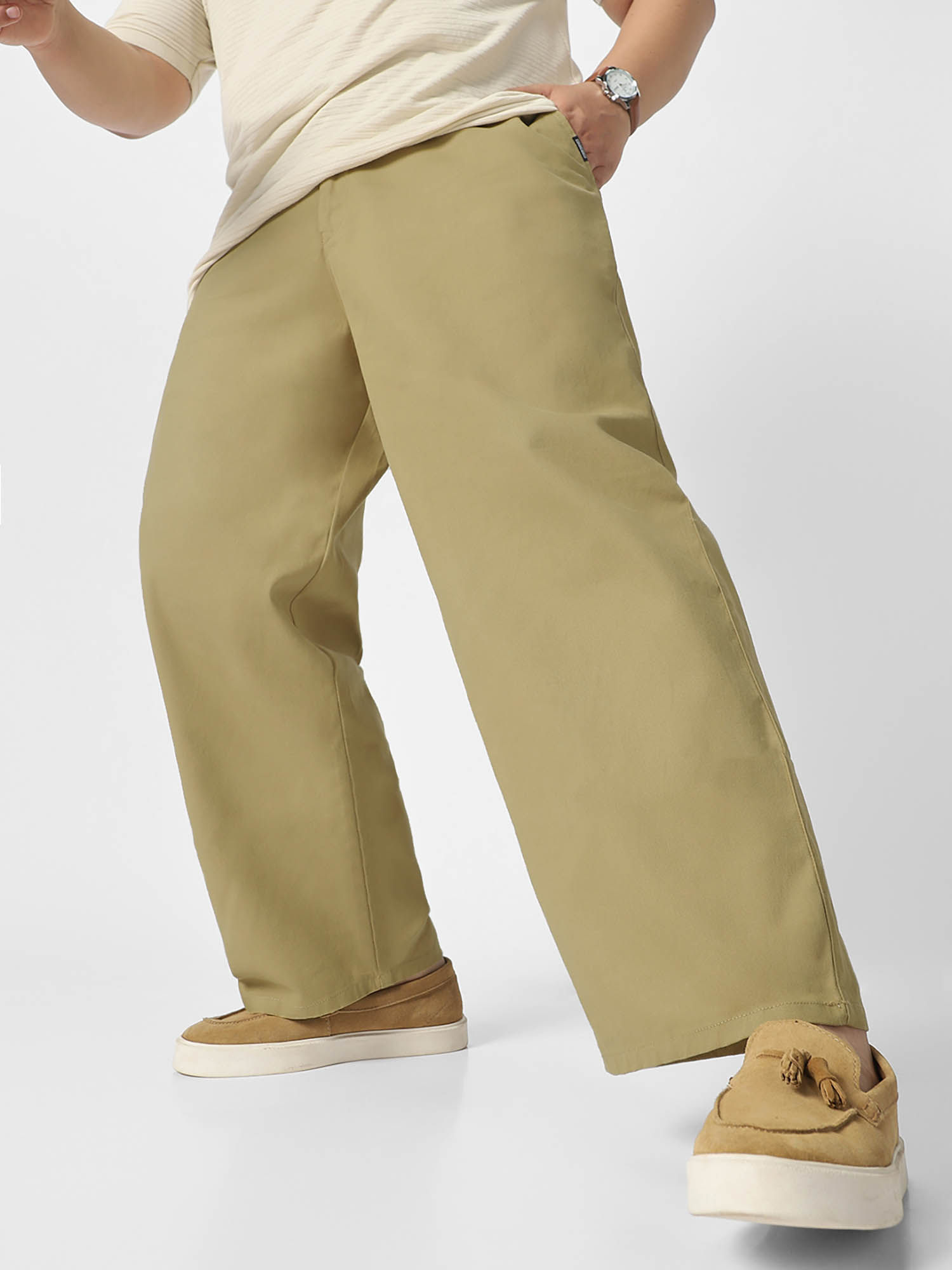 Buy Urbano Plus Light Olive Loose Baggy Fit Solid Non Stretchable