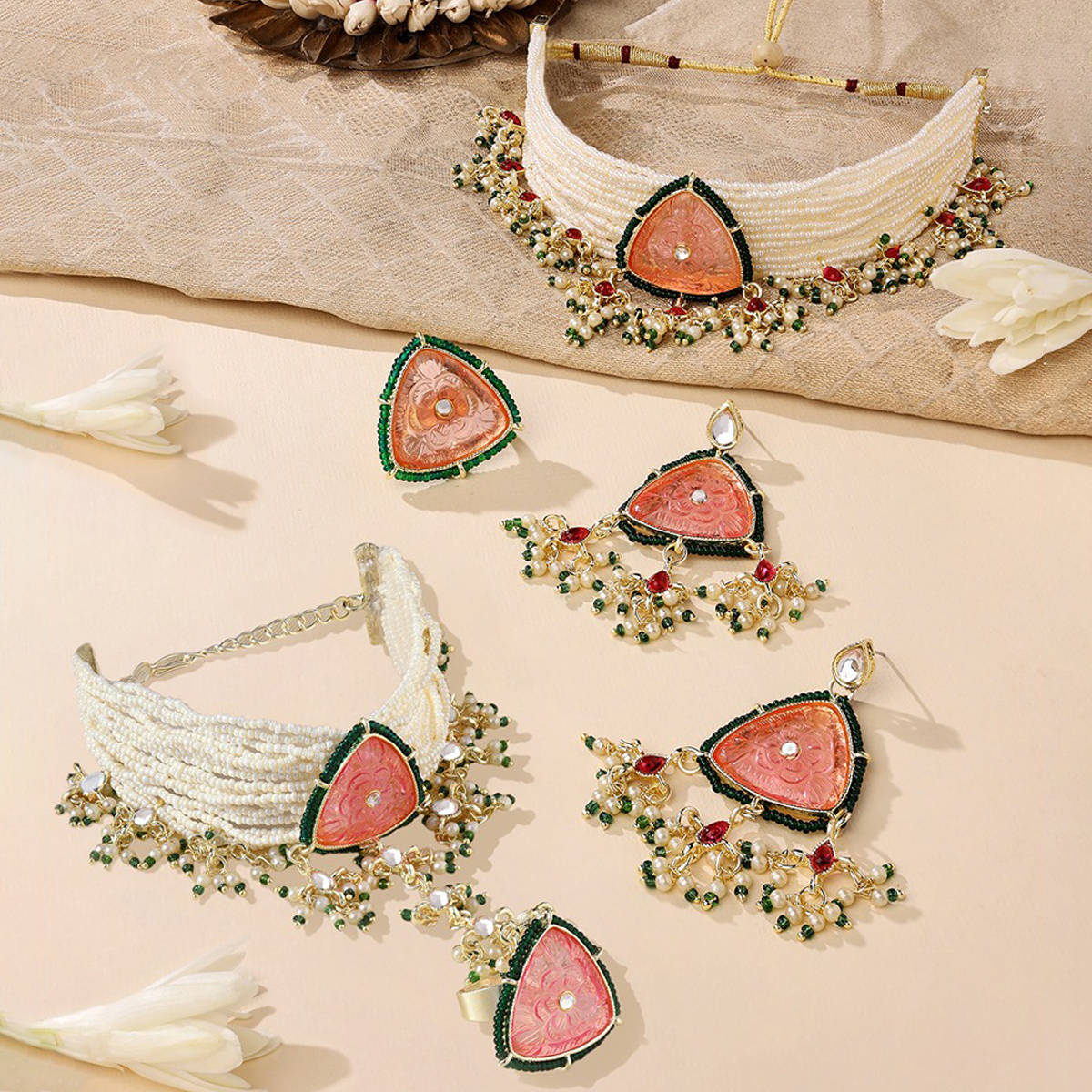 Zaveri Pearls Pink and Green Multistrand Necklace Earring Ring Hand Harness Set-ZPFK15614