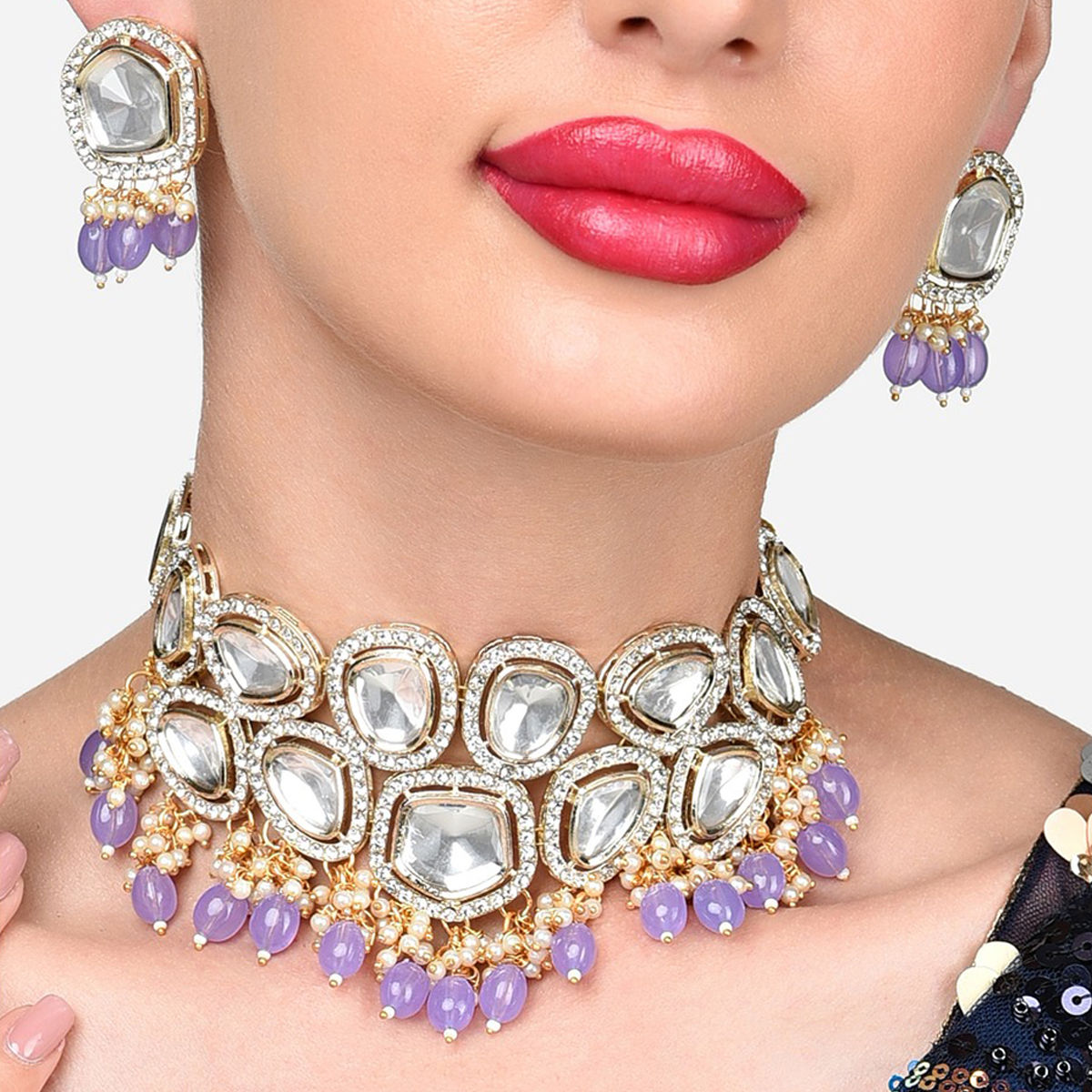 Buy Zaveri Pearls Purple Beads Drop Kundan Bridal Choker Necklace 