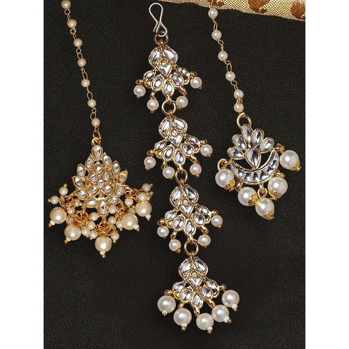 OOMPH Gold Tone Kundan Pearls Floral Wedding Delicate Maang Tikka