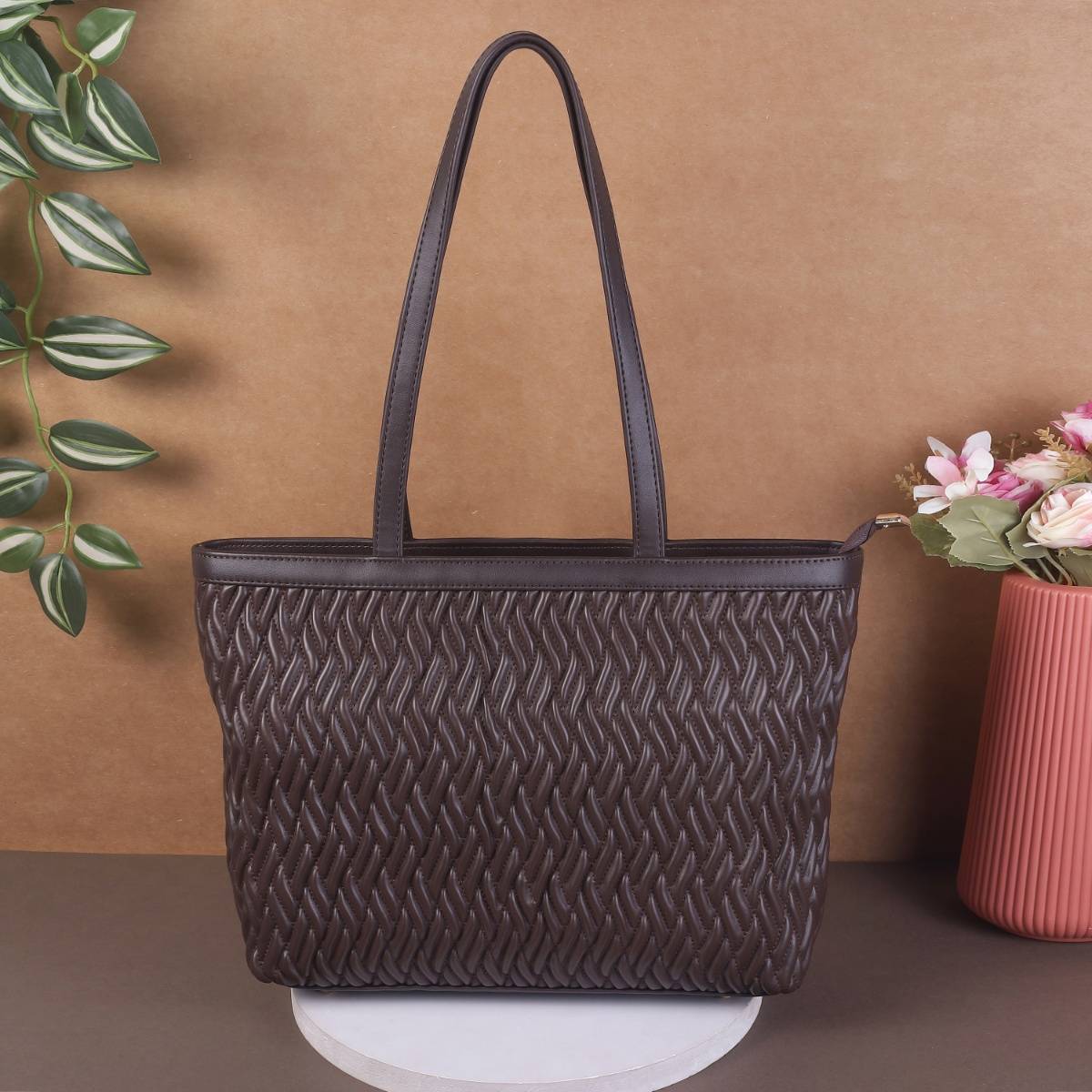 Metro Womens Brown Faux Leather Textured Handbag