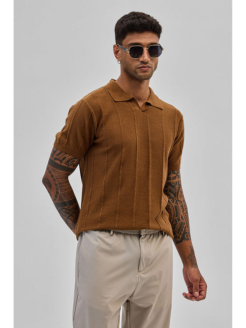 Snitch Men Brown Self Design Polo T-Shirt