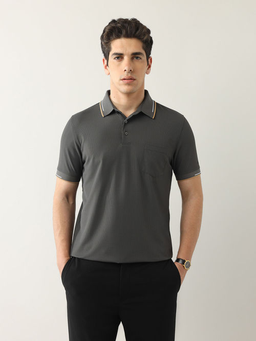 Arrow Men Charcoal Textured Regular Fit Front Pocket Polo T-Shirt