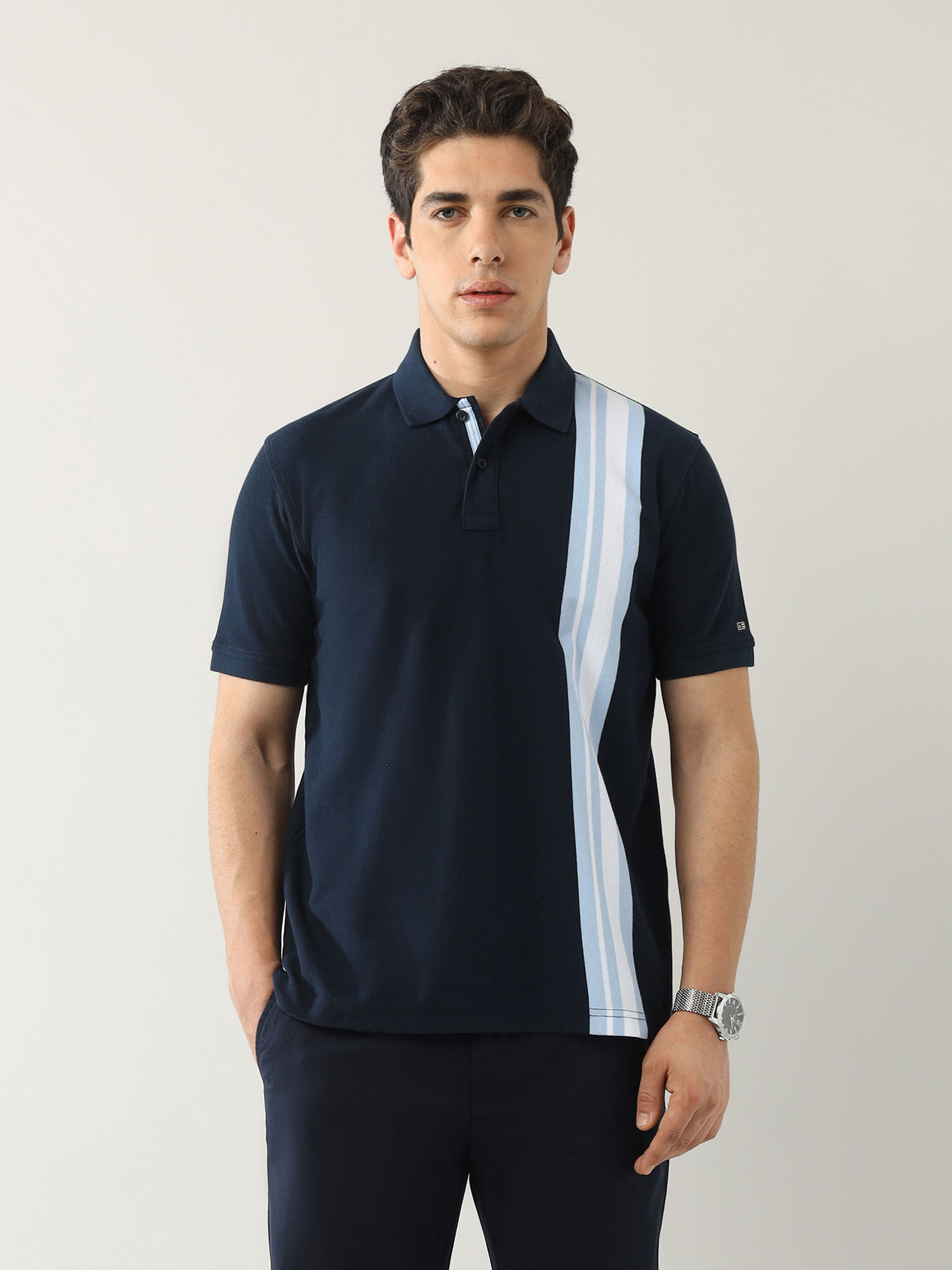Buy Arrow Sports Men Navy Blue Vertical Stripes Regular Fit Polo T