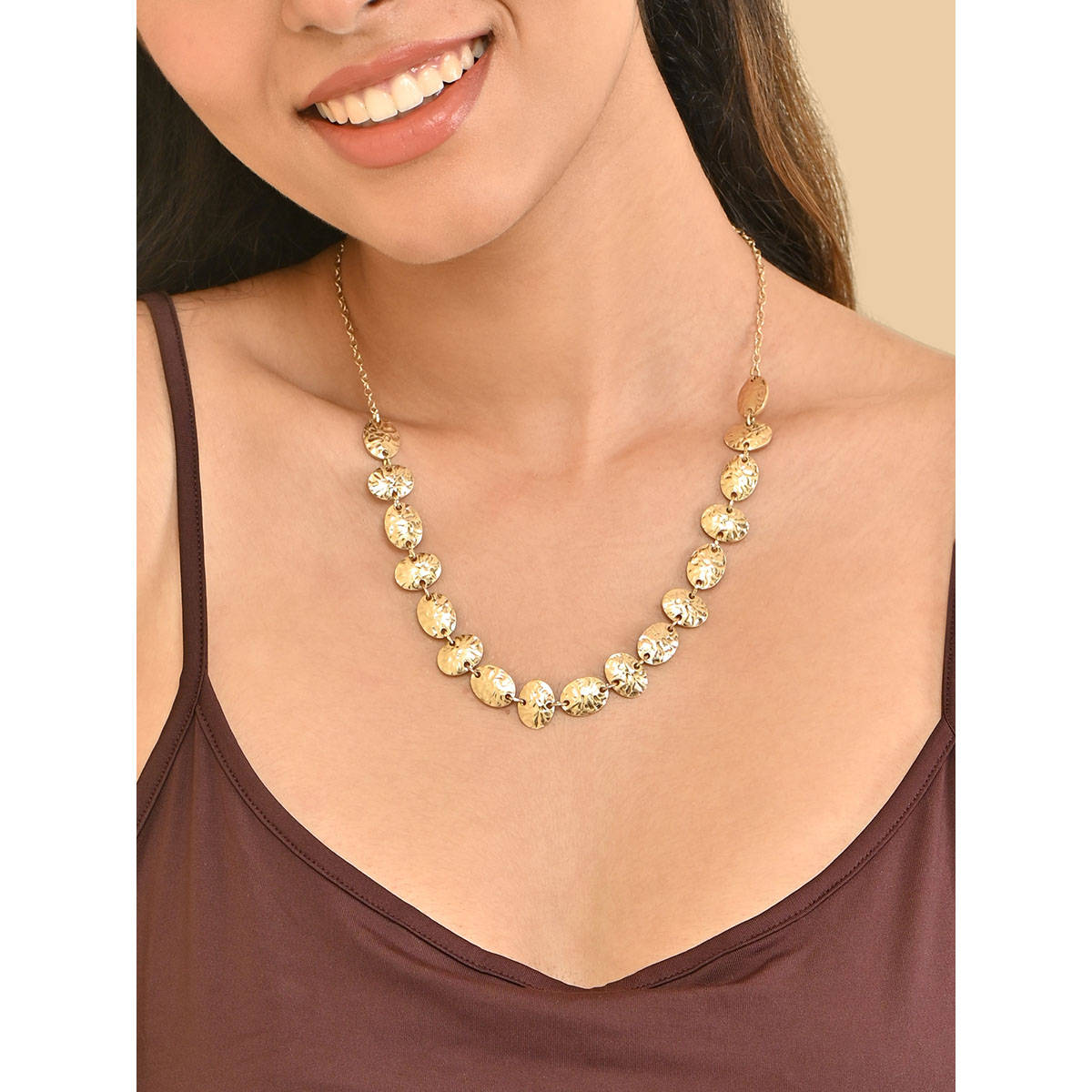 ToniQ Gold-Toned Textured Round Embellished Statement Necklace