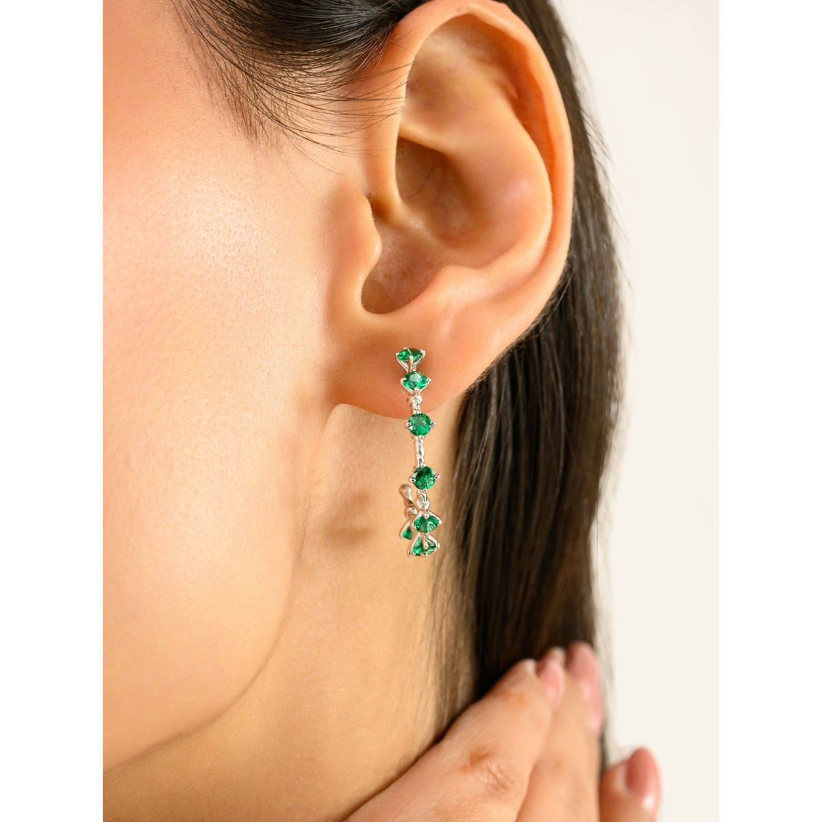 METALM Women Elegant Green Silver Emerald CZ Diamond C Hoop Earrings