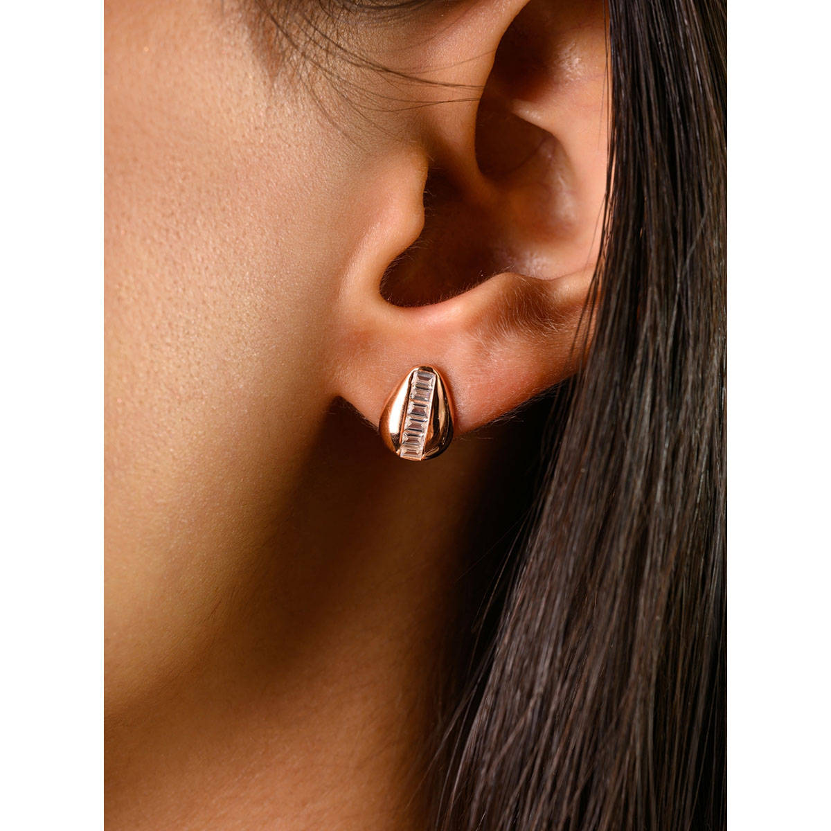 METALM 925 Silver Rose Gold Plated Dainty Emerald Cut CZ Diamonds Studs Earrings
