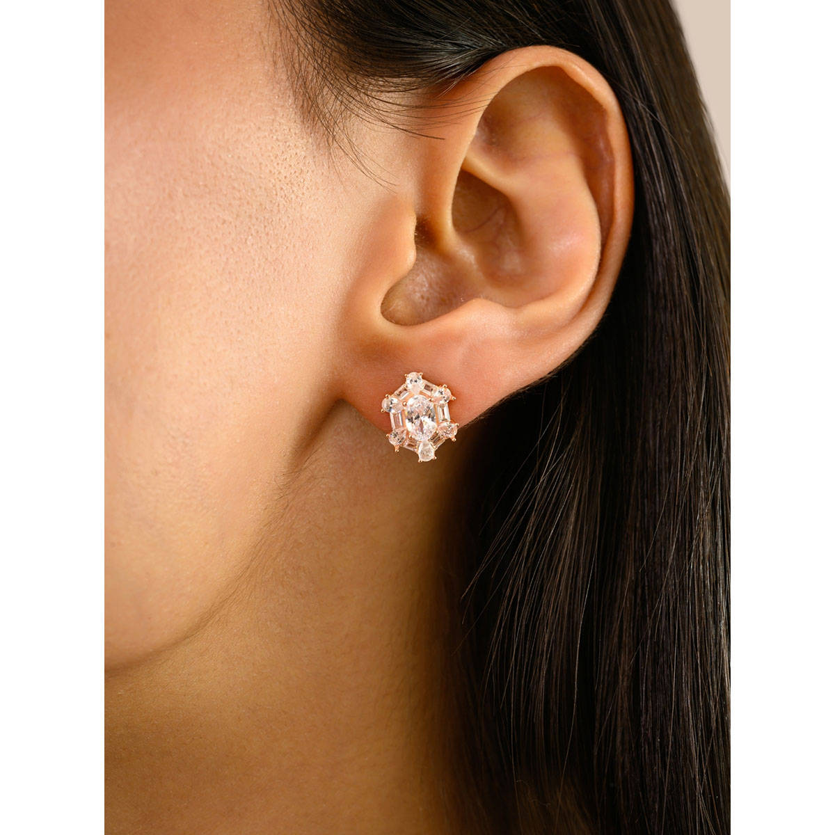 METALM Women Rose Gold 925 Silver American Diamond Stud Earrings