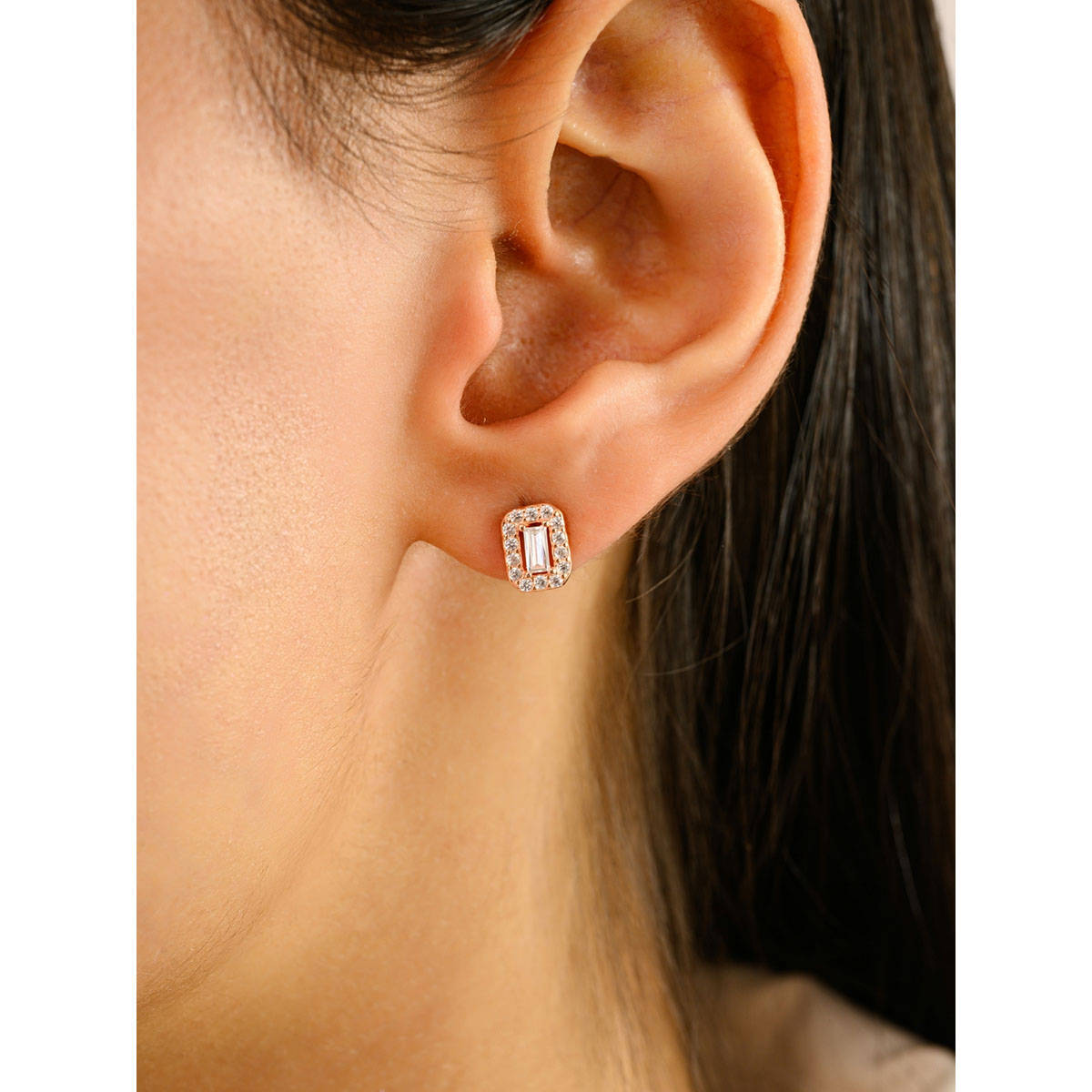 METALM Women 925 Silver Rose Gold CZ Diamond Stud Earrings