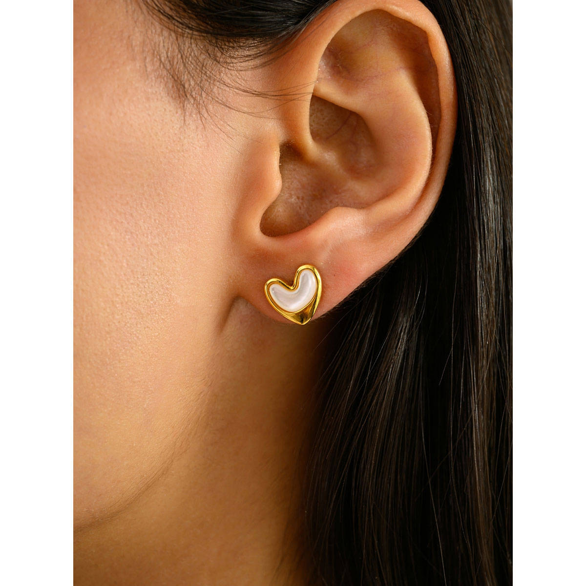 METALM Gold Plated Heart Shape Pearl 925 Silver Dainty Stud Earrings