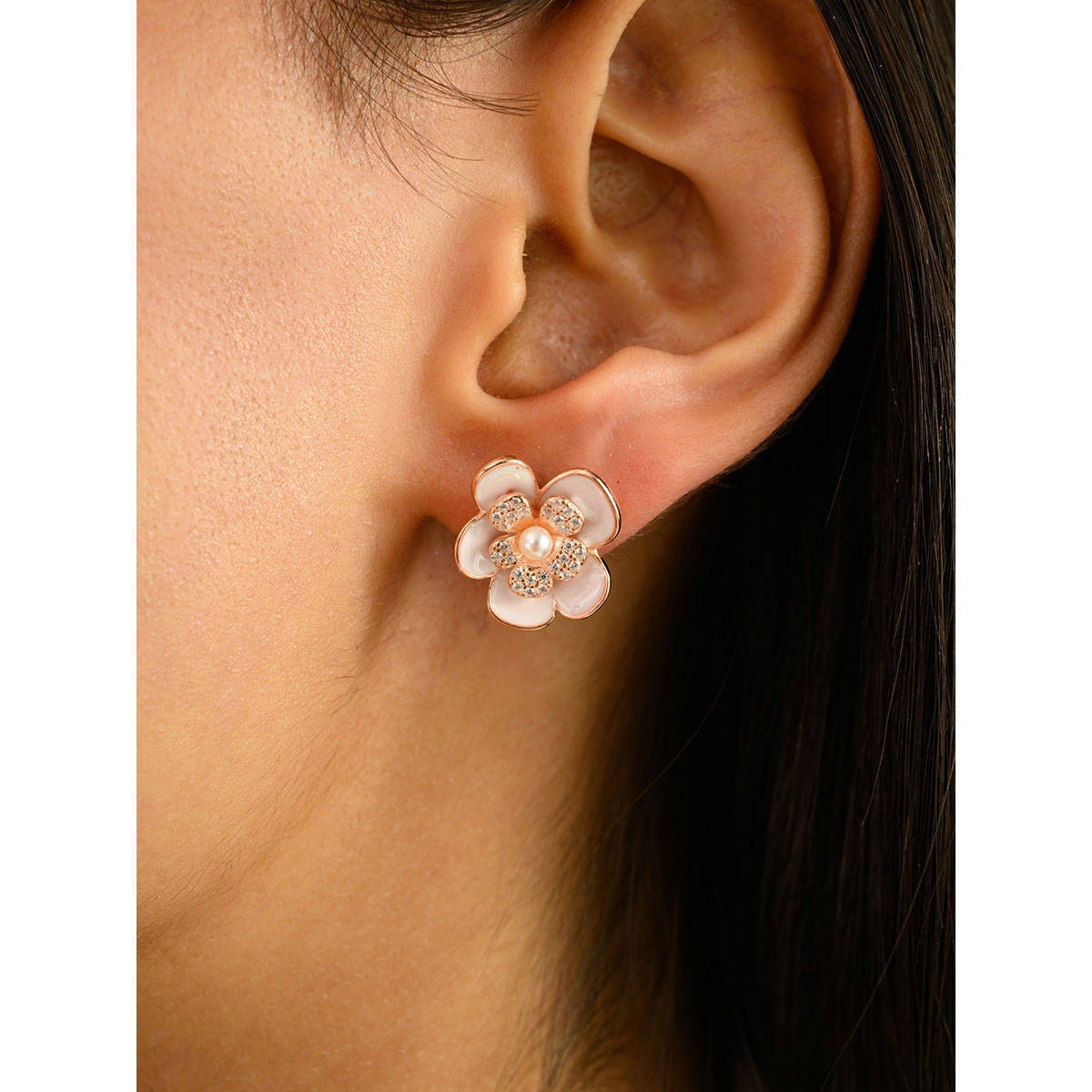 METALM 925 Silver CZ Diamonds & Pearl Rose Gold Plated Flower Stud Earrings