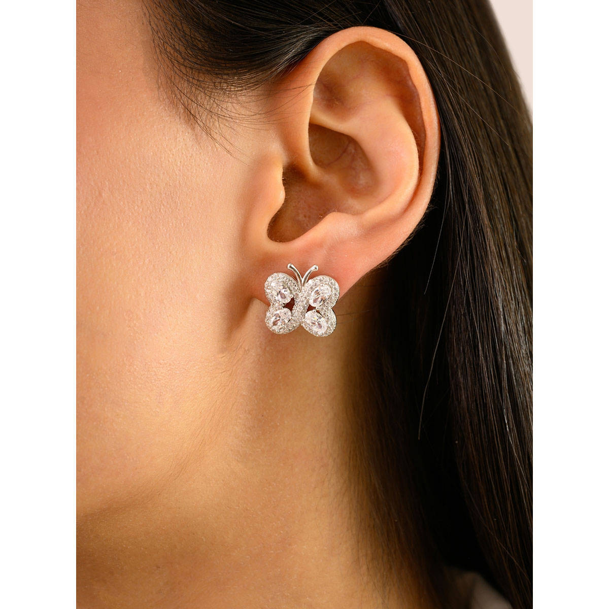 METALM White Gold Finish 925 Silver CZ Diamond Butterfly Stud Earrings