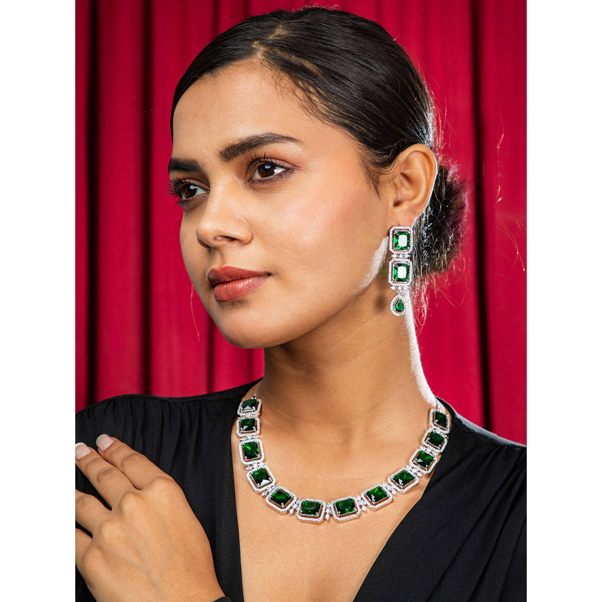 Niscka Rhodium Plated Green Emerald and White AD Necklace with Long Earrings Set