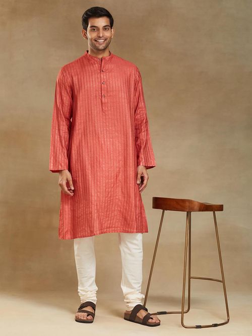 Buy Fabindia Red Viscose Silk Stripes Long Kurta Online