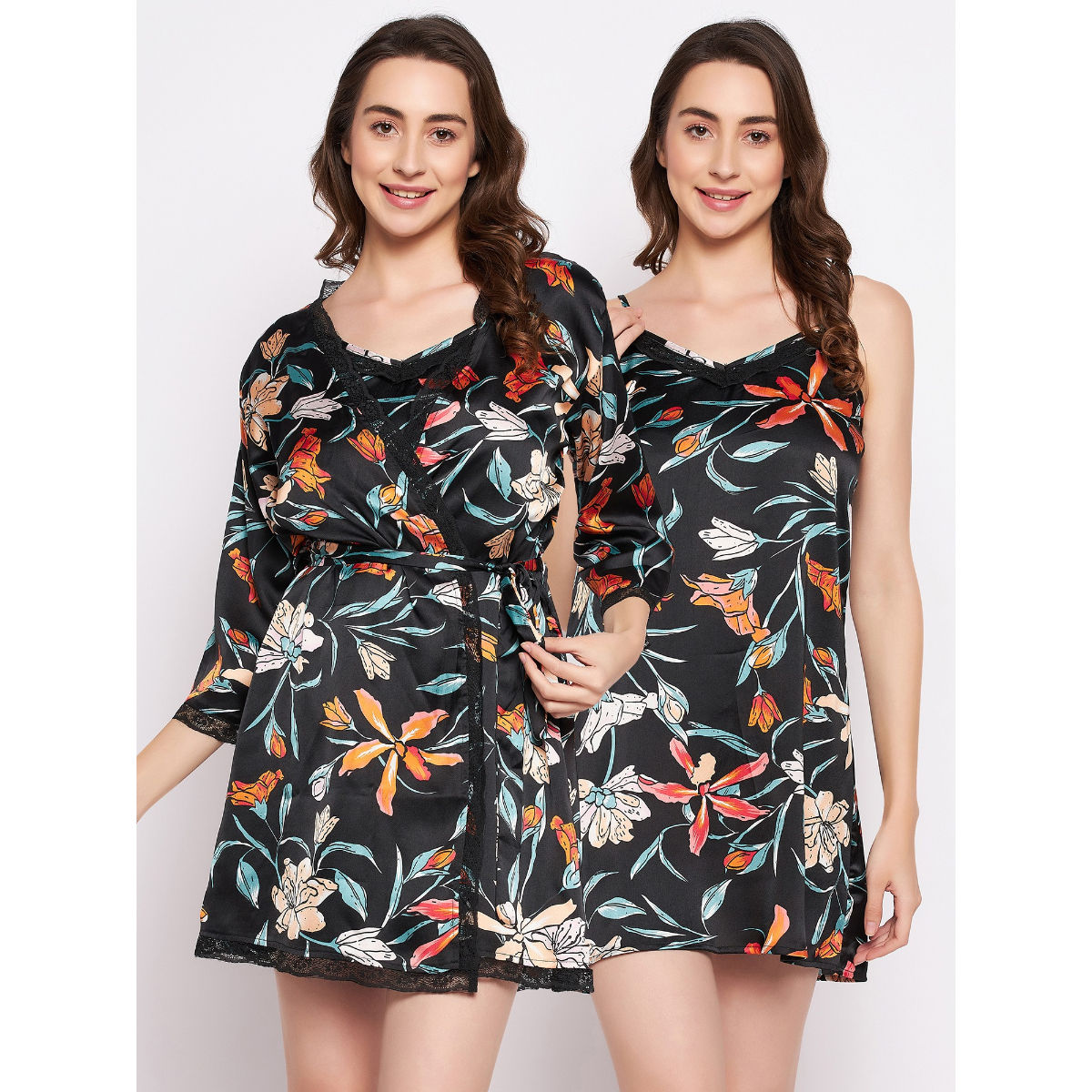 Clovia Pretty Florals Short Night Dress & Robe In Black Satin (Set of 3