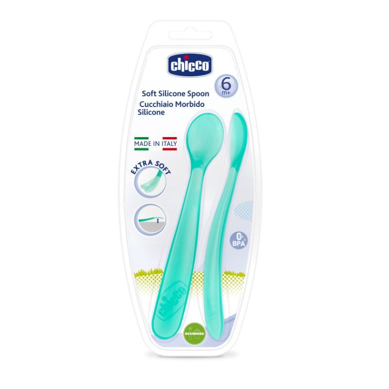 Chicco Soft Silicon Spoon Bi-Pack For Boy 6M+) - Green