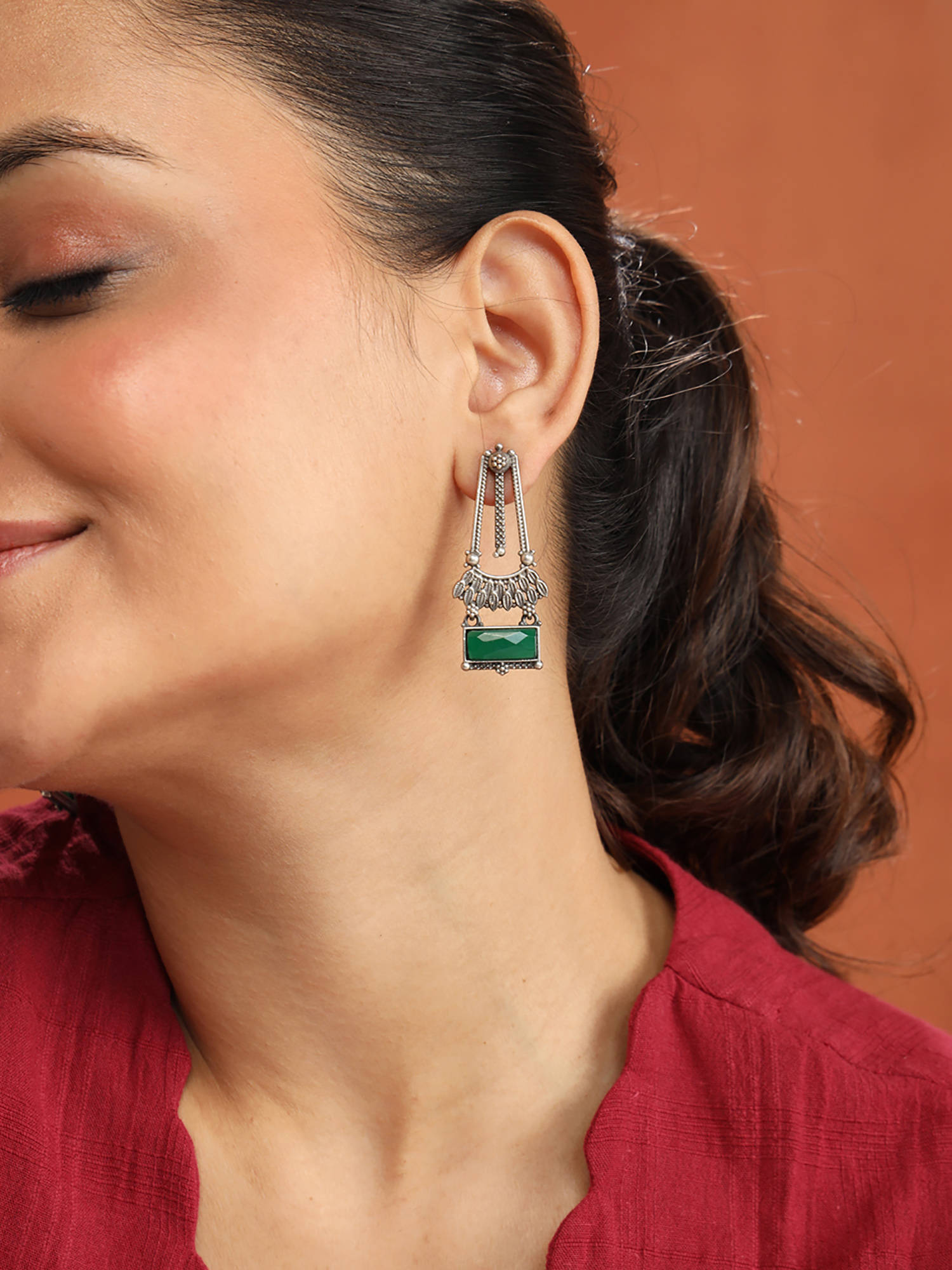 Fabindia Metal Dangler Drop Green Earrings