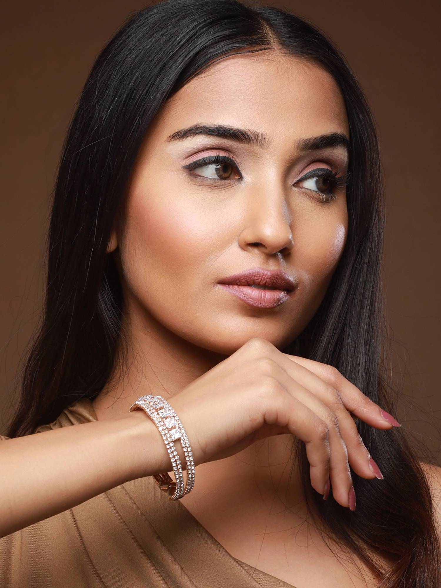 Jazz and Sizzle Rose Gold-Plated White Crystal Studded Cuff Adjustable Bracelet For Women