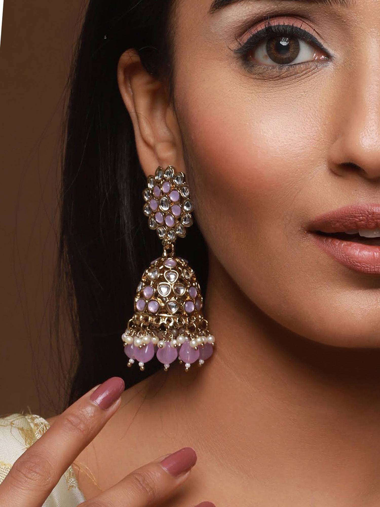 Jazz and Sizzle Gold Plated Jhumka Pink Earrings For Women