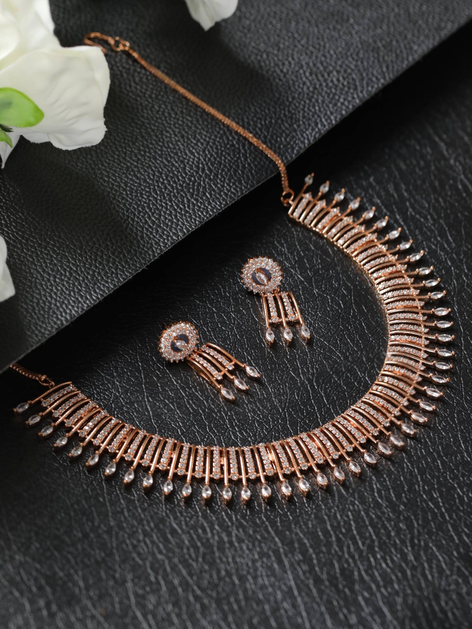 Jazz and Sizzle Rose Gold-Plated American Diamond White Jewellery Set For Women