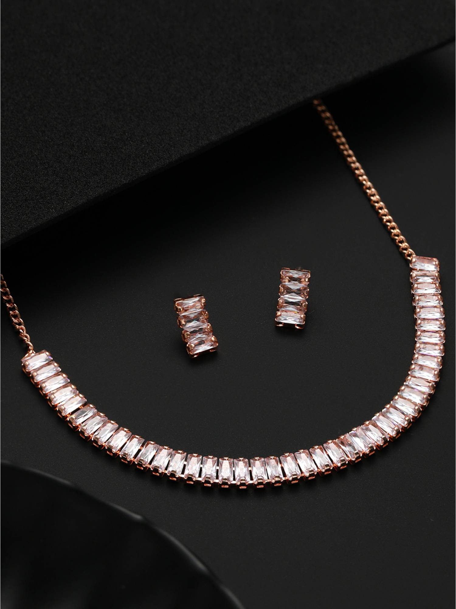 Jazz and Sizzle Rose-Gold Plated American Diamond White Handcrafted Jewellery Set For Women
