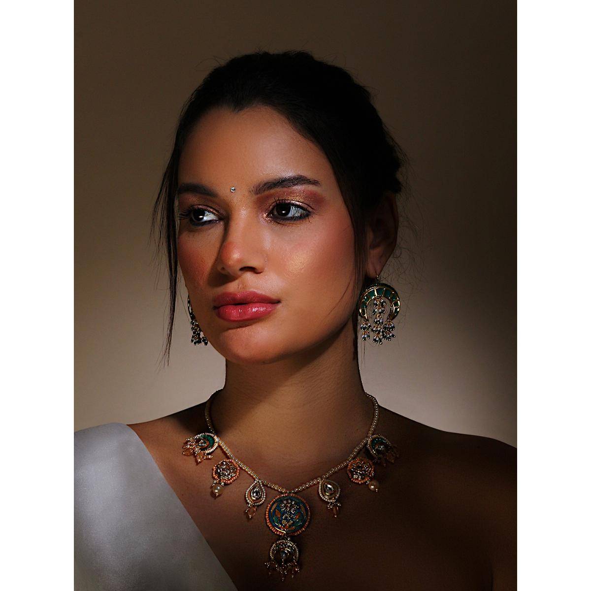 Dugran By Dugristyle Green and Gold Drop Earring with Kundan and Pearls