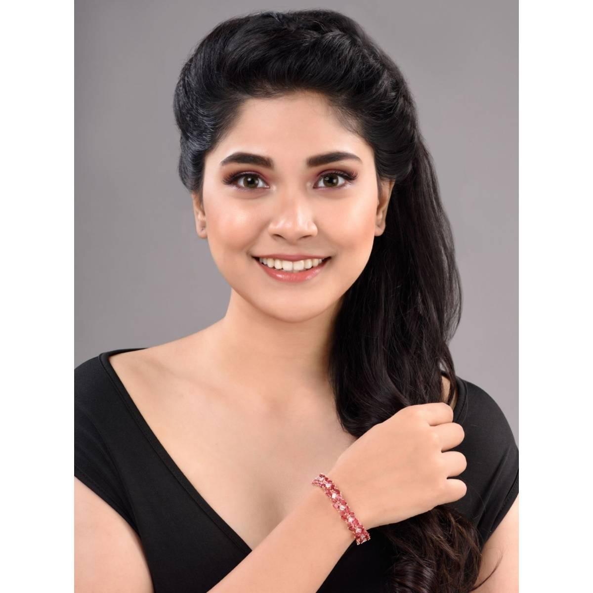Saraf RS Jewellery Rose Gold Plated Leaf Design Pink Ruby studded Designer Tennis Bracelet For Her