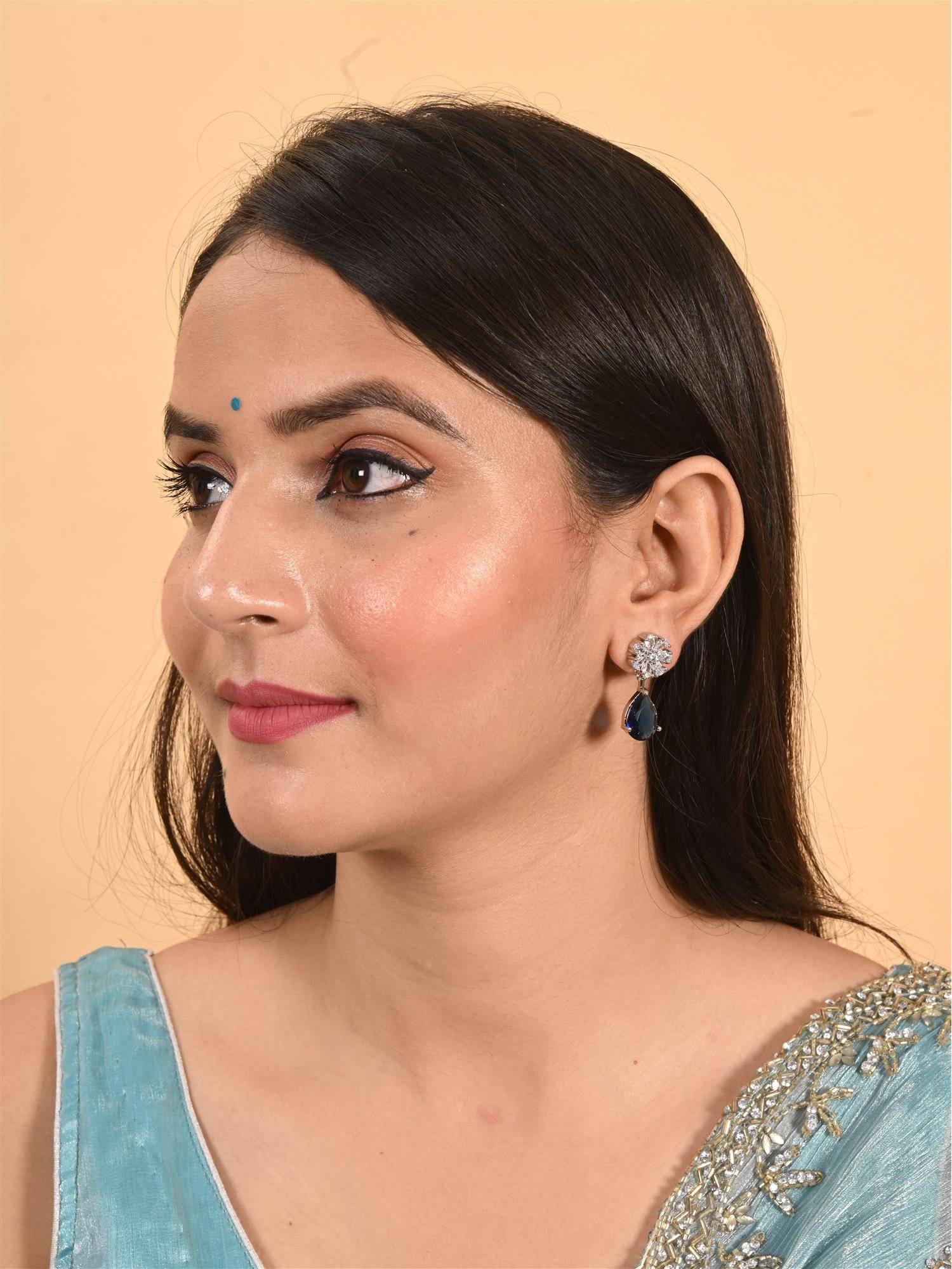 Ratnavali Jewels Silver Plated Blue Stud Drop Earrings
