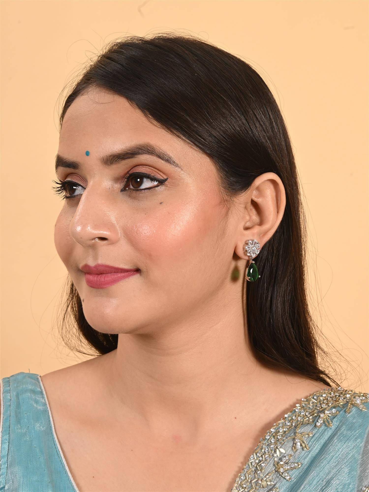 Ratnavali Jewels Silver Plated Green Stud Drop Earrings