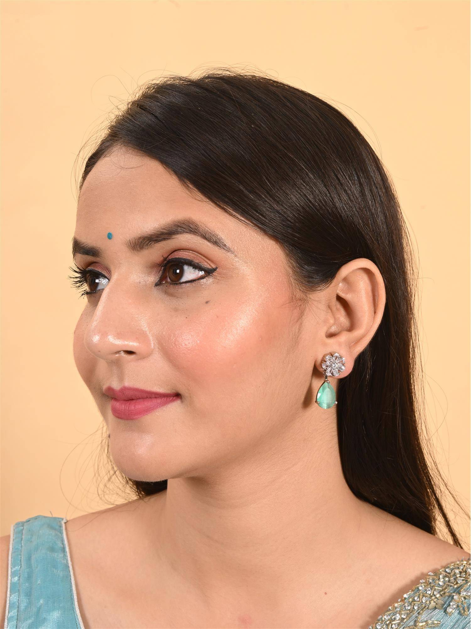Ratnavali Jewels Silver Plated Mint Green Stud Drop Earrings