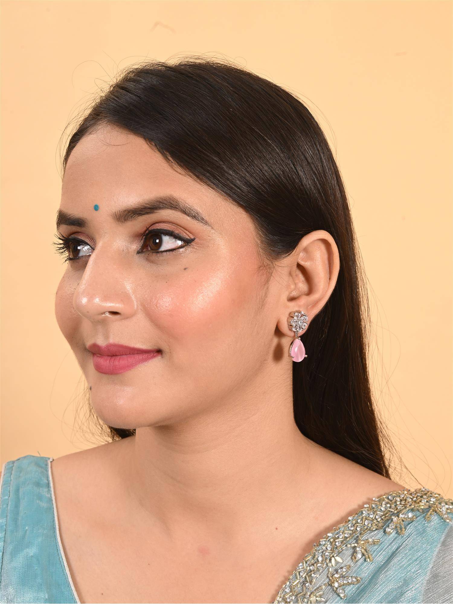 Ratnavali Jewels Silver Plated Pink Stud Drop Earrings