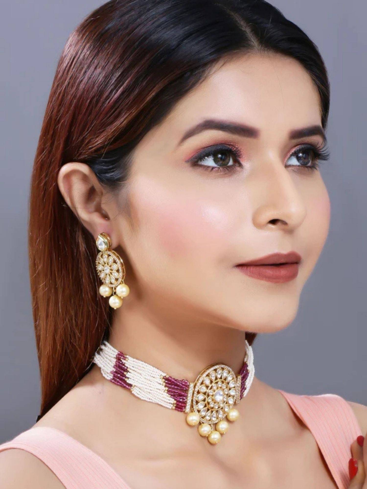 I Jewels Gold-Plated Polka Kundan Studded And Pearl Beaded Jewellery Set