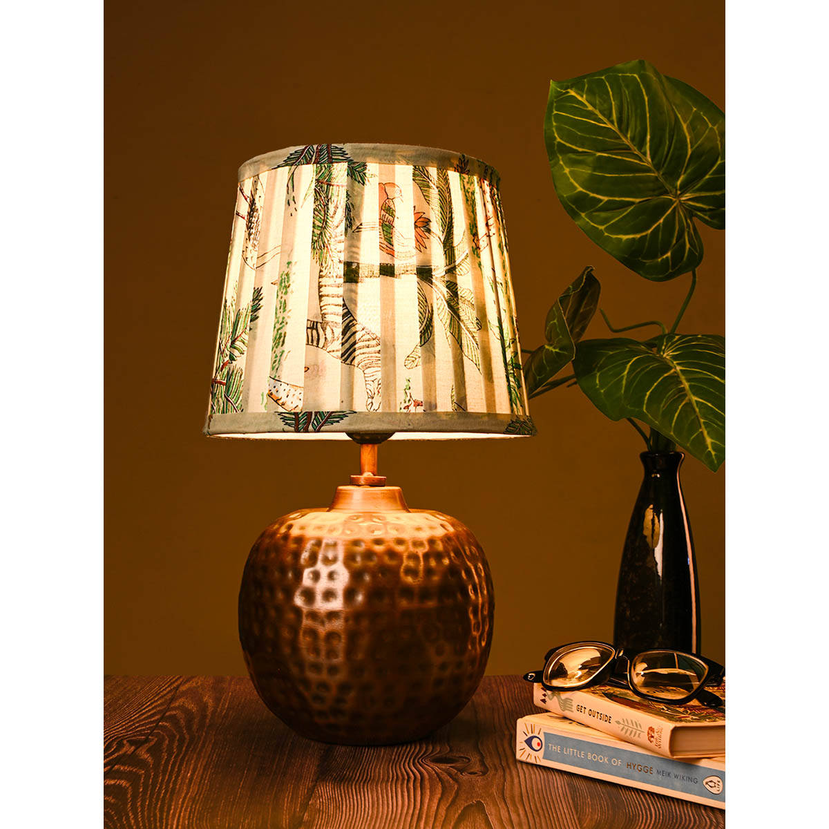 Green Girgit Copper Hammered Pot Lamp with Pleated Multicolour Green Shade